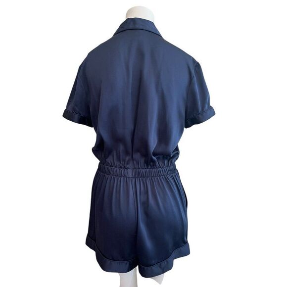 Victoria's Secret Ladies Medium Short Sleeve Navy Blue Satin Sleep Lounge Romper - Picture 3 of 6